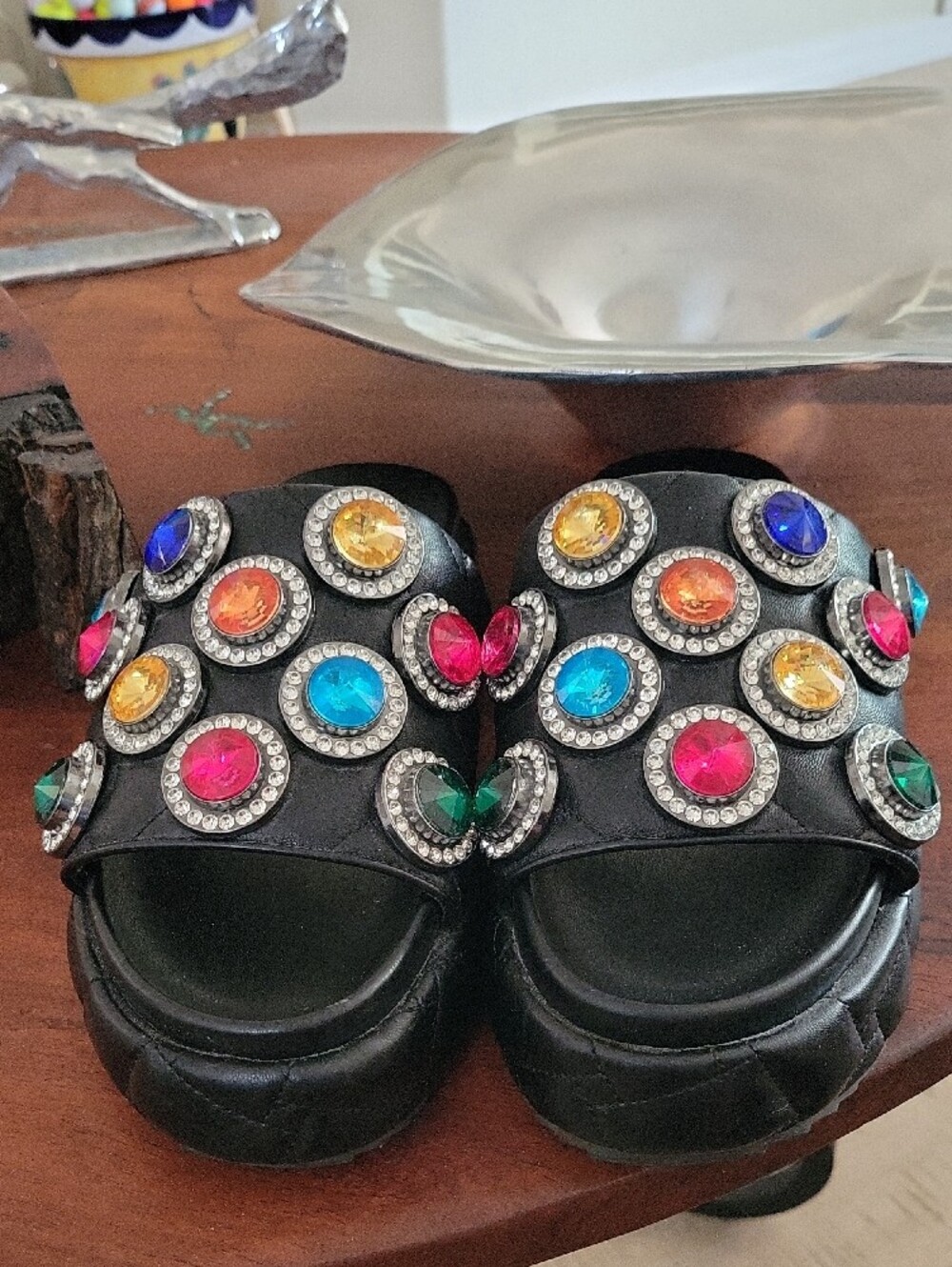 Kurt Geiger Black Quilted Slide Sandals with Colorful Jewel Embellishments - Picture 3 of 12